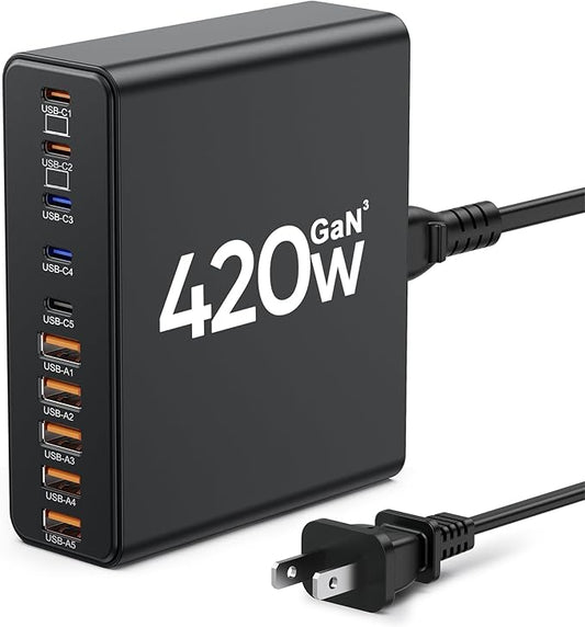420W USB C Charger Block,10-Port Charging Station GaN Fast Charging Type C & USB A Wall Charger Adapter for MacBook Pro/Air,iPhone,iPad,Dell XPS,Samsung Galaxy(Black)