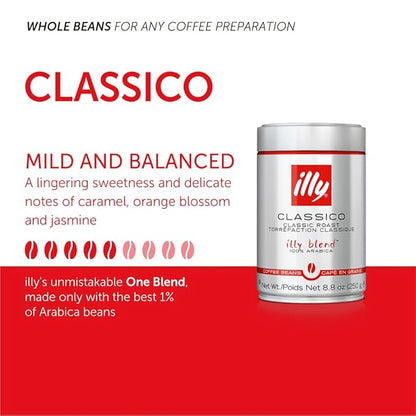 illy Whole Bean Coffee, Classico Medium Roast, 100% Arabica, Premium Italian Coffee, Ideal for Espresso, Drip, Moka and French Press Brewing, 8.8oz, 6 Pack
