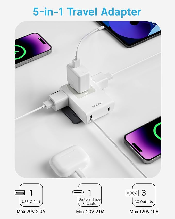 Flat USB C Wall Charger with 31.5in Retractable Type-C Cable, 5-in-1 Slim Wall Charger, 40W Fast Charging Power Plug with 3 Outlets 1 USB C Port, Type A Power Adapter for US to Japan Travel