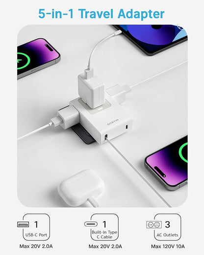 Flat USB C Wall Charger with 31.5in Retractable Type-C Cable, 5-in-1 Slim Wall Charger, 40W Fast Charging Power Plug with 3 Outlets 1 USB C Port, Type A Power Adapter for US to Japan Travel