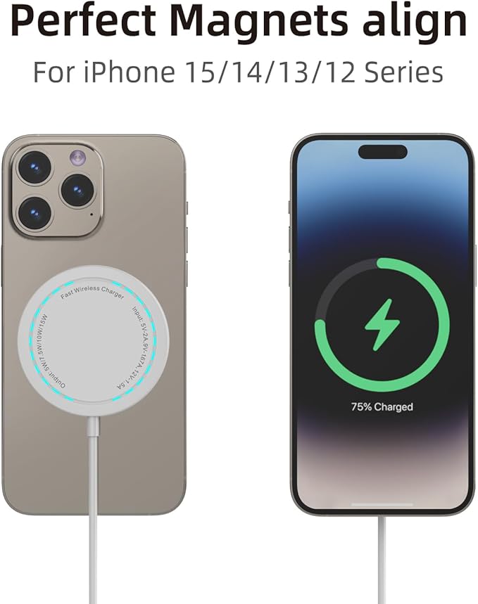 Magnetic Wireless Charger for iPhone 15W Wireless Charger Fast Mag Safe Wireless Charging Stand Pad Compatible for iPhone 16/16 Pro/Pro Max/15/14/13/12/Pro with Wall Charger for USB-A Converter, White