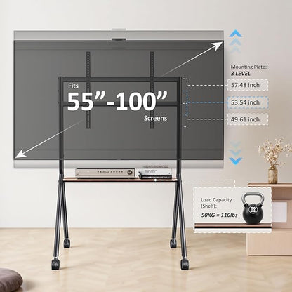 Glidesync Smart Board Stand for 55-100 Inch Interactive Whiteboards,Flat&Curved TVs,Holds Up to 265lbs,Height Adjustable Interactive Board Stand with Lockable Wheels for Office/Classroom/Home