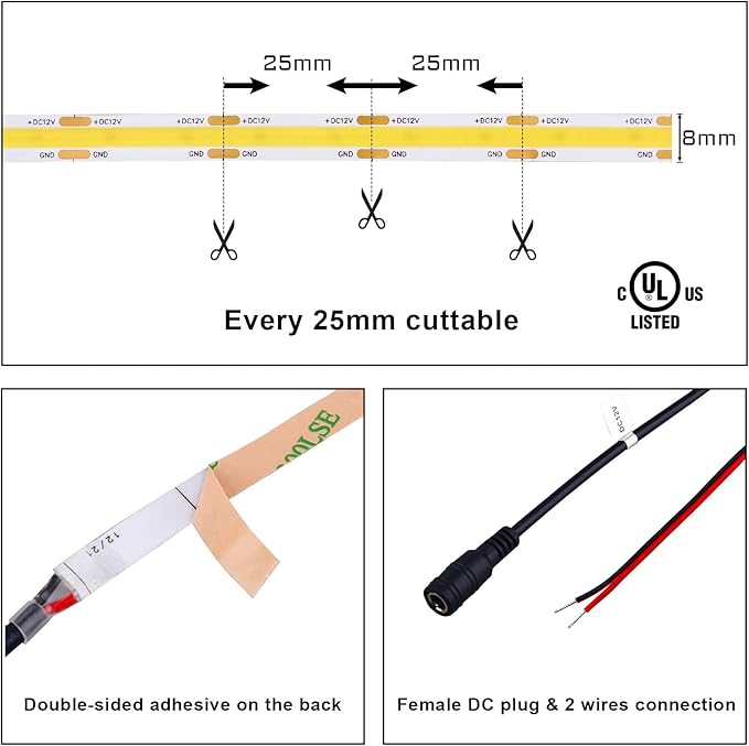 COB LED Strip Lights DC 12V LED Lights Flexible Super Bright LED Strips, 5Pack 16.4FT 4000K Natural White CRI 90+, 480LEDs/m High Density Uniform Light fo Home Room Decor (No Adapter or Controller)