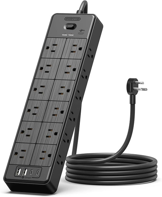 24 Widely Outlets 5 Ft Extension Cord NTONPOWER 15A/1875W Power Strips,Black Extension Cord 25FT with 4 USB Ports(2 USB C), Wall Mount Holes for Home, Office