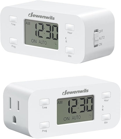DEWENWILS 24 Hour Programmable Digital Timer Outlet, 2 Pack Timers for Electrical Outlets, Light Timer for Indoor Lamp Fan Aquarium, 1 Grounded Outlet, 125V/15A/1000W, 3 Prong, 1/2 HP