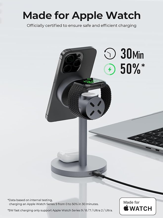 MagFusion 3-in-1 Charging Station Compatible with MagSafe, Qi2 Certified 15W Magnetic Wireless Charger Stand, for iPhone 16/15/14/13/12 Series, Apple Watch, AirPods(30W PD Charger Included)