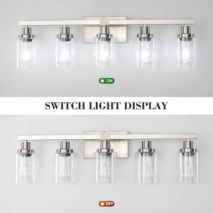 DIKAIDA Bathroom Vanity Light, 5-Light Nickel Modern Matte Wall Sconce Lighting with Clear Glass Shade, Wall Lights,Bath Vintage Wall Mounted Lamps for Mirror Bedroom Living Room