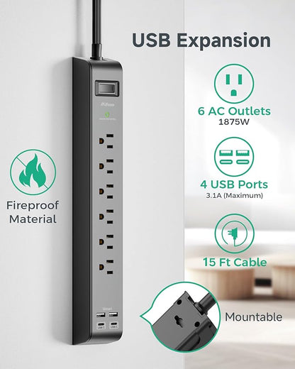 2 Pack Surge Protector Power Strip with 6 Outlets 4 USB Ports (2 USB C) 15-Foot Extension Cord Flat Plug 900 Joules 15A Circuit Breaker Wall Mount Desk USB Charging Station for Home Office