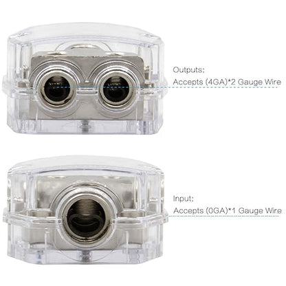 RKURCK 2 Way Power Distribution Block, 0/2/4 AWG Gauge in, 4/8/10 Gauge Out, Car Audio Stereo Amp Distribution Connecting Block for Audio Splitter (1x0GA+2x4GA)