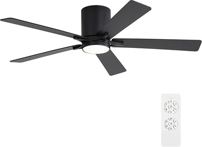 WINGBO 52" DC Flush Mount Ceiling Fan with Lights, 6-Speed Reversible DC Motor, 3CCT, Low Profile Hugger Ceiling Fan for Living Room Bedroom Kitchen, Black Finish and Black/Walnut Blades