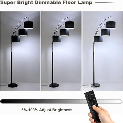 Fansdrick Floor lamp with Remote, 3 Light Arc Floor Lamps for Living Room, 2400LM Tall Standing Floor Lamps with Black Shades, 80" Large Floor Lamp for Bedroom, Office