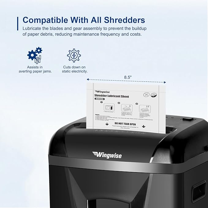 Wingwise 24-Pack Shredder Lubricant Sheets, 8.5 x 6 Inches, Sharpens Blades & Prevents Jams, Mess-Free Maintenance for Home and Office Use