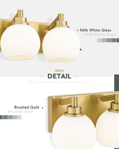 METWET Bathroom Light Fixtures, 5-Light Brushed Gold Bathroom Vanity Lights Over Mirror with Globe Milk White Glass Shade, 32 Inch Modern Vanity Lighting Fixtures, VL195-BG-ML-5