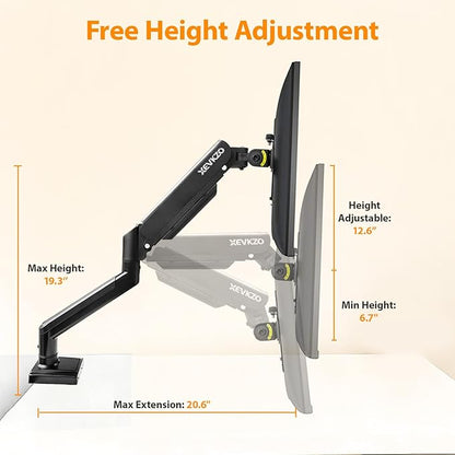 XEVKZO Single Monitor Arm - Gas Spring Monitor Stand for 13 to 34 Inch Screens, Adjustable VESA Mount with C-Clamp & Grommet Base, Full Motion (Tilt, Swivel, Rotation), Supports 4.4-22 lbs