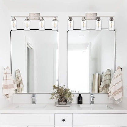 WINSHEN 4-Lights Modern Vanity Light Fixtures for Bathroom Over Mirror, Farmhouse 31-Inches Length Seeded Glass Bath Wall Sconce Lighting in Brushed Nickel