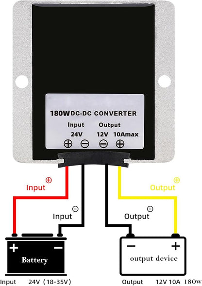 MGGi DC Converter Regulator DC 24V Step Down DC 12V 15A 180W, Waterproof Voltage Reducer, Adapter Converter Power Supply Module Buck Transformer, for Auto Car Truck Vehicle Boat Golf Cart, Forklifts