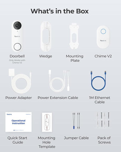 REOLINK 2K Video Doorbell Wi-Fi Camera with Chime, 3:4 Head-to-Toe View, 180°View, 5/2.4 GHz Wi-Fi, 2-Way Talk, Person/Package Detection, Waterproof, Smart Alerts, Works NVR(Wired)