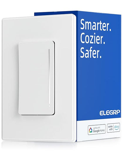 ELEGRP Smart Dimmer Light Switch DTR30, Single Pole or 3 Way, 2.4GHz Wi-Fi Touch Dimmer Compatible with Alexa/Google Assistant, Needs Neutral Wire, No Hub Required, UL and FCC Listed, White, 1 Pack