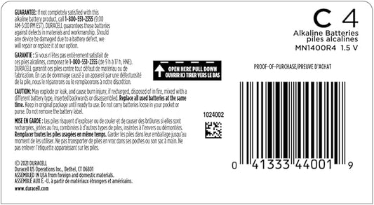 Duracell Coppertop C Batteries, 4 Count Pack, C Battery with Long-Lasting Power, All-Purpose Alkaline C Battery for Household and Office Devices (Pack of 2)