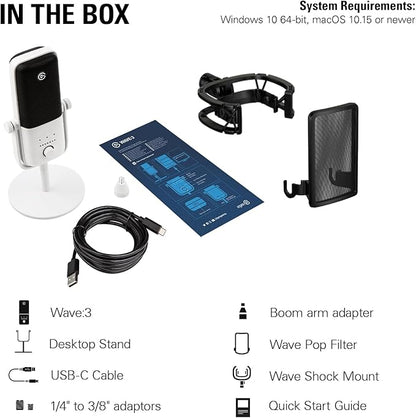 Elgato Wave:3 White Kit - Premium Studio Quality USB Condenser Microphone with Shock Mount and Pop Filter, for Streaming, Podcast, Gaming and Home Office, Free Mixer Software, Plug & Play for Mac, PC