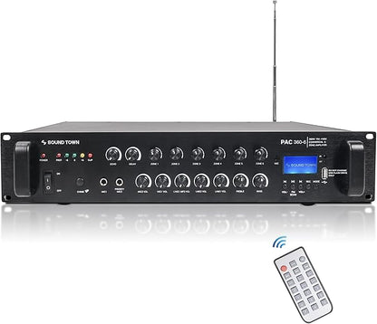 Sound Town Commercial Restaurant Audio Set with One 6-Zone 70V/100V Amplifier with Bluetooth, 12 x Weather-Resistant 6.5-Inch Surface-Mount Speakers, Two Dual 8-Inch Subwoofers, Black (P36X12T6B2S28)