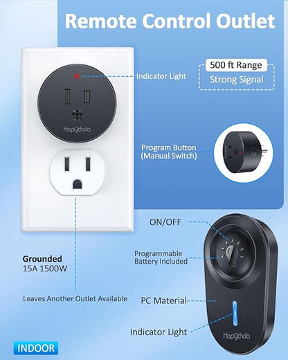 [2 Pack] HAPYTHDA Wireless Remote Control Outlet Plug, No Wiring Needed Remote Light Switches Kit, 500 Feet RF Range 15A/1500W Electrical Remote Outlet for Light, Small Electrical Appliance, Black