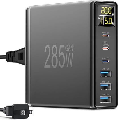 YSYFAD 6 Port USB C Charging Station with Digital LCD Display - GaN Fast 100W USB C Charger for MacBook Laptops, iPad, iPhone, Samsung - Black