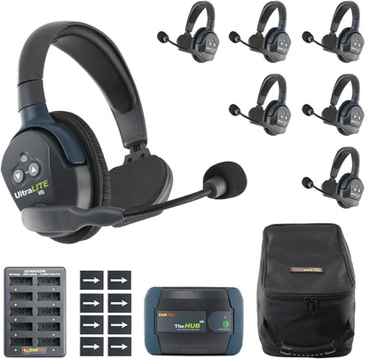 EARTEC HUB7S Ultralite-HD 7 Person Full Duplex Wireless Intercom Headset Communication System, Single Ear Headsets, Up to 1000ft Range, U.S. Company