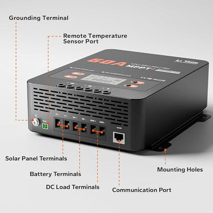 LiTime 60A MPPT Solar Charge Controller (No Build-in Bluetooth), 12V/24V/36V/48V Auto, Max PV Input 200VDC LCD Display Solar Panel Regulator for LiFePO4/Lead-acid Battery