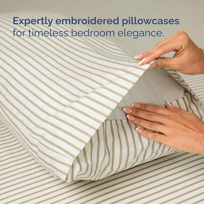 Full XL Bed Sheet Set - 4 Piece Extra Long Extended Full XL Sheets - Soft, Breathable & Cooling - Fits 8" to 16" Mattress with Deep Pockets - 54" x 80" - Wrinkle and Fade Resistant - Beige Stripes 2