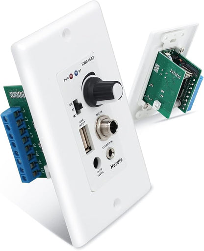 Herdio Bluetooth Wall Amplifier 4 Channels Volume Control Wall Plate USB/MIC/AUX(3.5mm) Inputs Connect 4 Speakers with 12V 3A Power Supply,HWA-16BT-4CH