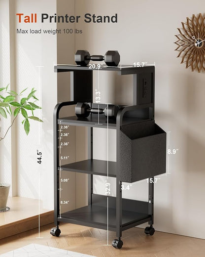 DongRong Tall Printer Stand with Storage Adjustable Shelf and Bag, 4-Tier Large Printer Table with Charging Station for Home Office, Printers Cart with Wheels for 3D Shredder Scanner Fax (Black)