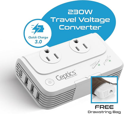 Ceptics 200 W Voltage Converter, Convert 220 V to 110V for Devices Like Curling Iron, Straightener, Chargers, Step Down World Power Plug - 4 USB PD 18W Fast Charging - EU/AU/UK/US Included