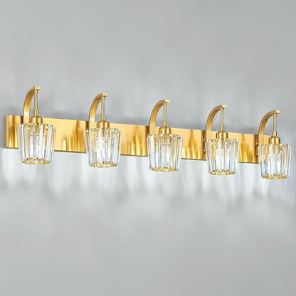 FDPBY Modern Bathroom Vanity Light, 5-Light Gold Wall Sconce with Crystal Accents, Over Mirror Bathroom Lighting Fixture, 42.52" Long Dimmable Vanity Lamp for Makeup, Easy Installation