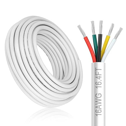 16 Gauge 5 Conductor Electrical Wire, 16.4FT White Stranded Low Voltage 16/5 Cable PVC Case, 16 AWG Tinned Copper 5 Wire Cable Extension Power Cable for Strips LED Lamp Lighting Automotive