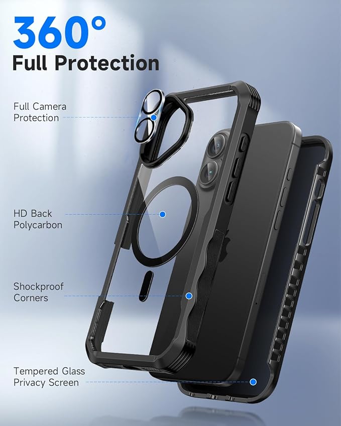 seacosmo for iPhone 16 Plus Case, Full Body Bumper with Built-in 9H Tempered Glass Privacy Screen Protector and Camera Lens Protector, Compatible with MagSafe, Shockproof Phone Cover, 6.7", Black