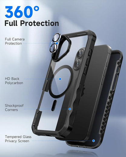 seacosmo for iPhone 16 Plus Case, Full Body Bumper with Built-in 9H Tempered Glass Privacy Screen Protector and Camera Lens Protector, Compatible with MagSafe, Shockproof Phone Cover, 6.7", Black
