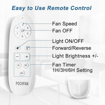 POCHFAN 52 inch White Ceiling Fans with Lights and Remote, Reversible 5 Blades Modern Ceiling Fan for Bedroom, Living Room, Dining Room, LED 3 CCT 6-Speed Noiseless, ETL Listed