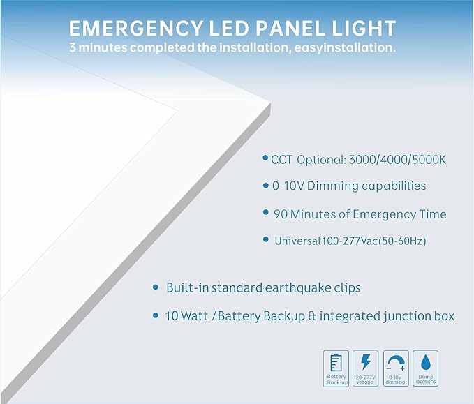 2X2 LED Flat Panel Light Emergency Battery Backup, 40W-3000K/4000K/5000K, 0-10V Dimmable, 4390 Lumens, LED Drop Ceiling Light, 100-277V, DLC and UL Listed, Ultra Thin Back-Lit (54 Pack)
