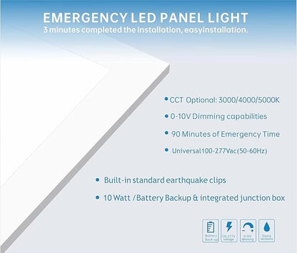 2X2 LED Flat Panel Light Emergency Battery Backup, 40W-3000K/4000K/5000K, 0-10V Dimmable, 4390 Lumens, LED Drop Ceiling Light, 100-277V, DLC and UL Listed, Ultra Thin Back-Lit (54 Pack)