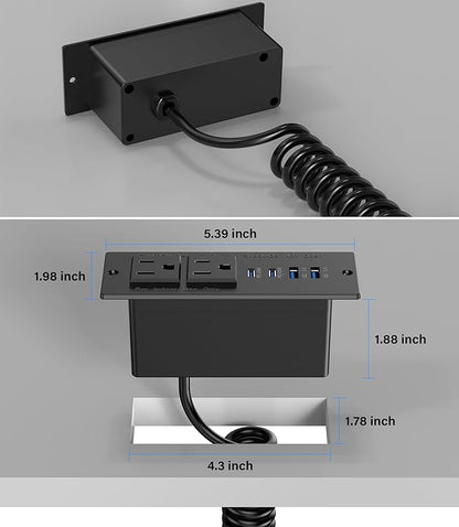Recessed Power Strip USB C 65W Fast Charging Station,in Drawer Outlet,Furniture Flush Mount for Desktop,Workspace Essential Desk Outlet (Black, 10FT)