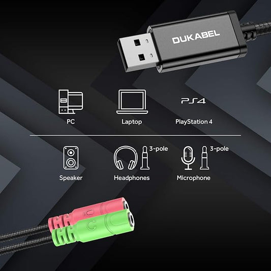 DuKabel USB to 3.5mm Jack TRS AUX Adapter for Built-in USB Sound Card with Separate Plug TRS 3 Pole Microphones [Metal Housing & Durable Braided / 9.8inch]