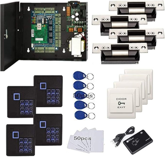 MENGQI-CONTROL 4 Doors Complete TCP/IP PIN Code RFID Card/Fob Access Control Systems with North American Standard Electric Strike for Latch Doors Keypad Reader 110V Power Supply APP Remote Open Door