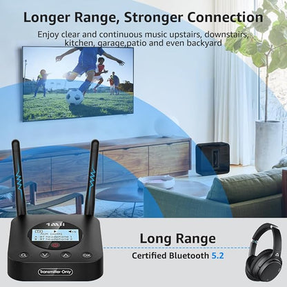 1Mii B06TX+ Long Range Bluetooth 5.2 Transmitter for TV/PC/Projector to 2 Wireless Headphones/Speakers, Bluetooth Adapter for TV w/Screen Display, Plug n Play, aptX Low Latency & Adaptive & HD Audio