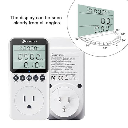 KETOTEK Watt Meter Plug-in Socket Power Meter, Kilowatt Wattage Voltage Tester, Home Electricity Usage Monitor with Overload Protection, LCD Display Energy Voltage Amps Power Consumption Monitor