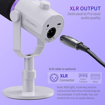 FEELWORLD PM1 XLR USB Dynamic Microphone with Desktop Stand Gifts for Podcast Recording PC Computer Gaming Streaming Vocal Voice-Over, Studio Metal Mic, RGB Light, Mute Button, Headphones Jack (White)