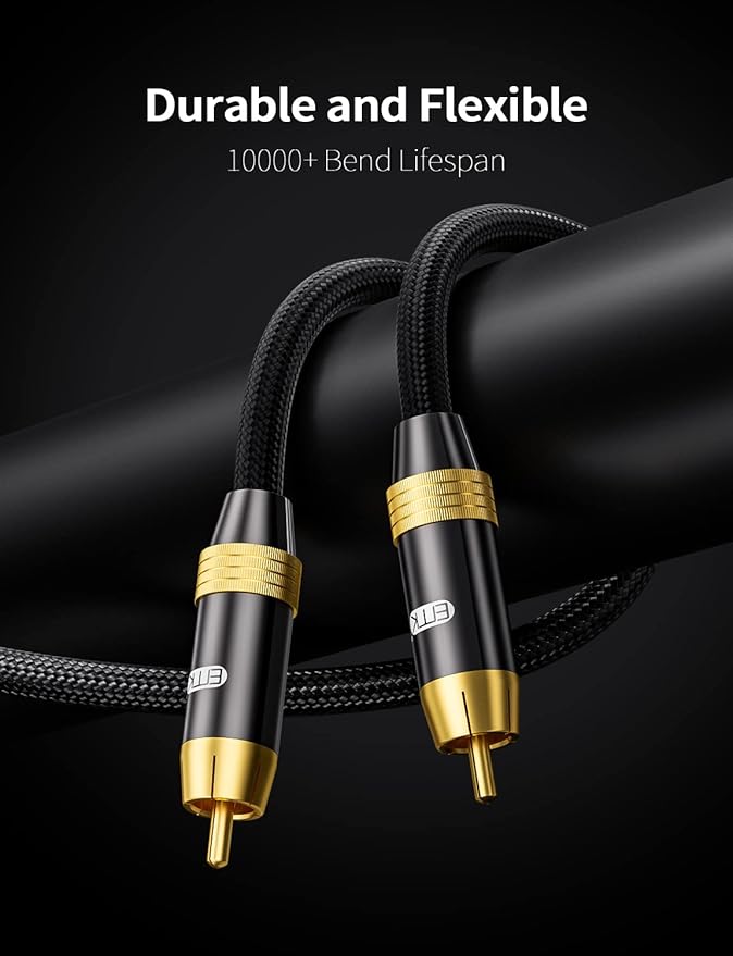 Subwoofer Cable,EMK Digital Coaxial Audio Cable [24K Gold-Plated, Durable Cotton] Premium S/PDIF RCA Male to RCA Male for Home Theater, Soundbar,Speaker,HDTV, Subwoofer, Hi-Fi Systems (Black-3.3ft/1m)