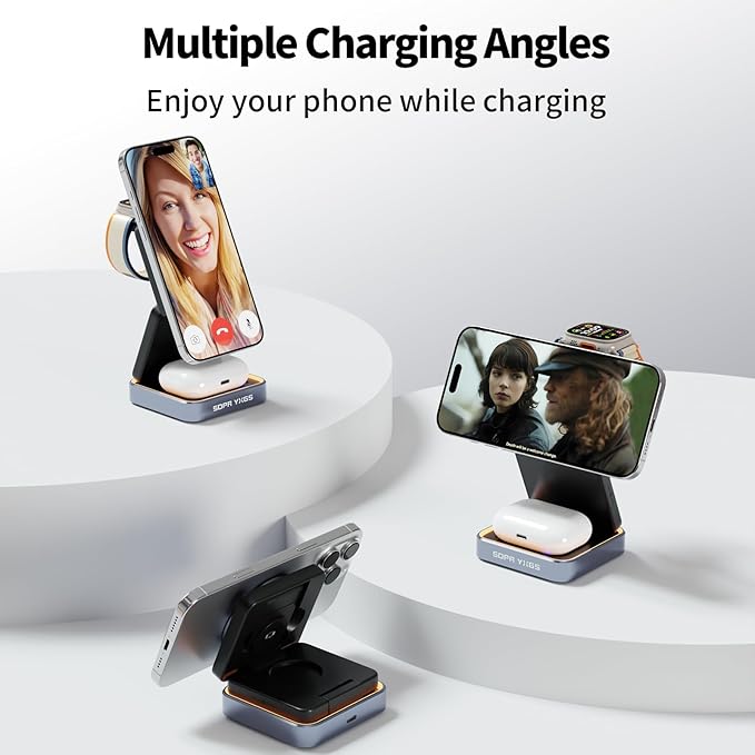 2025 Upgraded 3-in-1 Magnetic Wireless Charger,Charging Stand,Charging Station,for iPhone 12-16,iWatch,AirPods,Ultra-Safe, Foldable, with Adjustable Night Light & Included Adapter