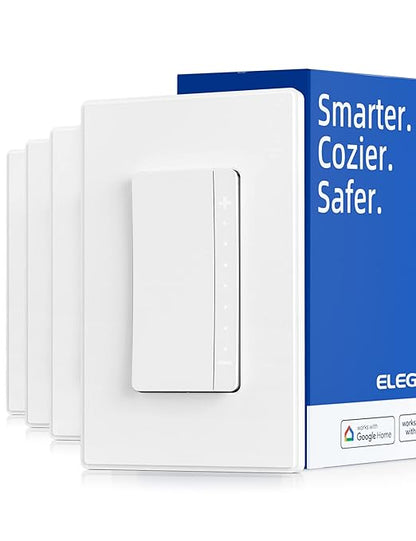ELEGRP Smart Dimmer Light Switch DPR30, 2.4GHz Wi-Fi Dimmer Switch Compatible with Alexa and Google Assistant, Single Pole/3 Way, Needs Neutral Wire, No Hub Required, UL&FCC Listed, White, 4 Pack