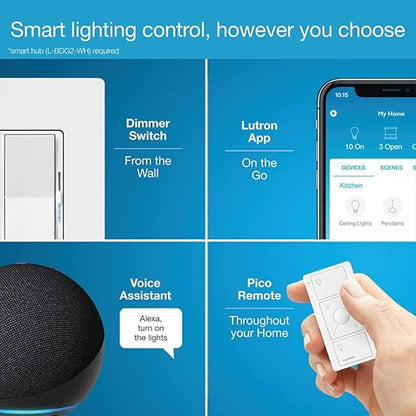 Lutron Diva Smart Dimmer Light Switch for Caseta Lighting (Lutron Smart Hub Required), for LED Lights, 150W, Single-Pole/3-Way, No Neutral, Ivory (DVRF-6L-IV)
